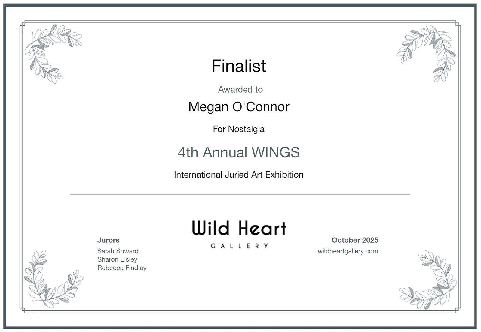 Certificate stating that "Nostalgia" was a finalist in the 2025 WINGS exhibition.